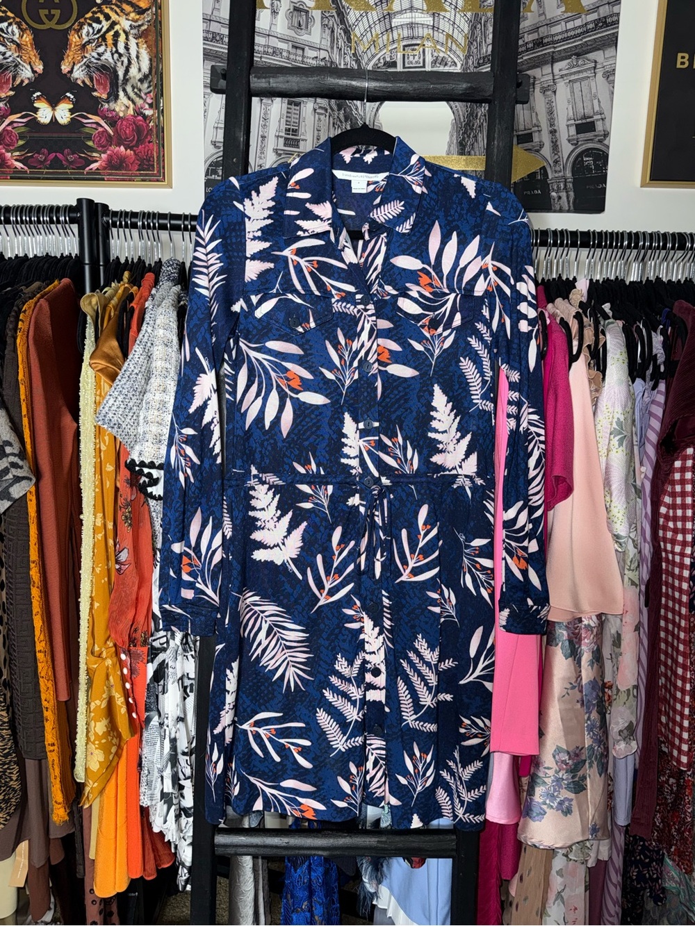 Diane von Furstenberg DVF Blue Floral 100% Silk Shirt Dress Women’s Size 4